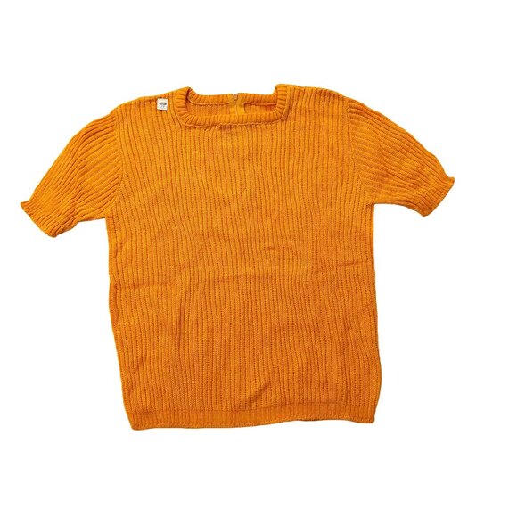 Pure Vintage 1940s-1950s Bright Orange Ribbed Short Sleeve Square Neck Sweater - Picture 3 of 9